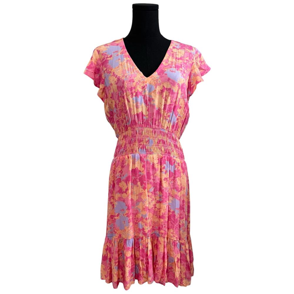 NEW Rails Tara Dress Smocked Waist Flutter Sleeves Passion Flower Pink Orange XS